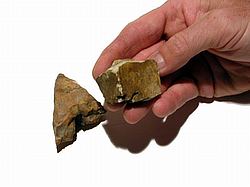 Man holding flint stone in hand.